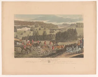 Jagers en honden rondom een stervend ree nabij Whatcombe House