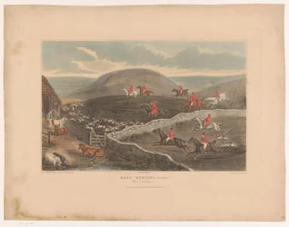 Landschap met honden en jagers te paard rennend door velden