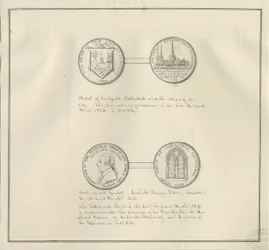 Lichfield - Medailles van Lichfield Kathedraal en het Stadswapen, en een portret van Richard Greene: pentekening
