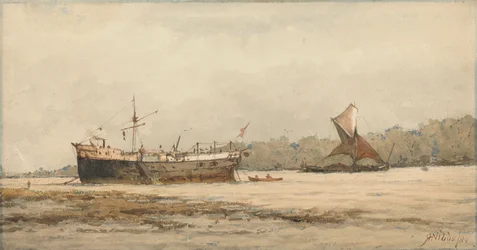 Een afgemeerde bark en een aak op een rivier