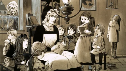 Een "Dame School" uit de jaren 1830 (gouache op papier)
