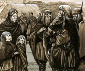 Kinderen van arme Angelsaksische families verkocht als slaven (gouache op papier)