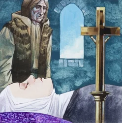 Sir Lancelot komt aan bij het nonnenklooster om te ontdekken dat koningin Guinivere al is gestorven.