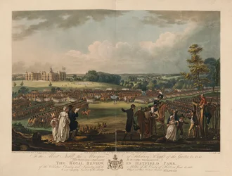 De Koninklijke Review in Hatfield Park van de Vrijwillige Cavalerie en Infanterie, met de Militie van het graafschap Herts, op 13 juni 1800, gegraveerd door Joseph C. Stadler (fl.1780-1812)