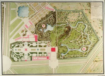 Plattegrond van de Franse en landschappelijke tuinen van het Petit Trianon met de bouwmassa