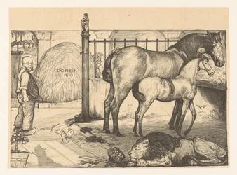 Twee paarden bij een hooiruif in een stal