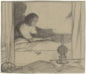 Vrouw Hogerhuis, zittend in bed (tweede ontwerp)