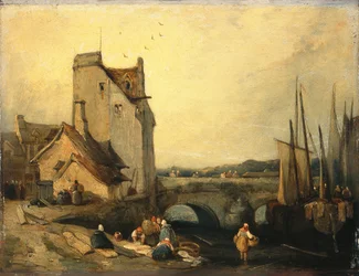 Uitzicht in Bretagne: Brug, Huisjes en Wasvrouw