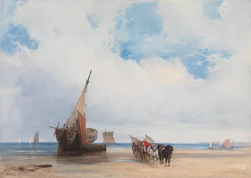 Gestrandde schepen en een wagen bij Trouville