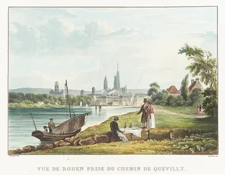 Uitzicht op Rouen genomen vanaf de Quevilly-weg (Frankrijk). Lithografie door Richard Parkes Bonington, begin 19e eeuw