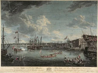 Uitzicht op de Koninklijke Scheepswerf in Deptford, gegraveerd door William Woollett, gepubliceerd 1 juli 1793