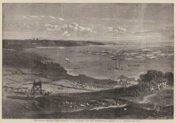 De marineparade, de vloot van kanonneerboten bij de Motherbank
