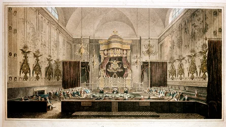 Uitzicht op het Hogerhuis, het hogerhuis van het Parlement van Groot-Brittannië (Gravure)