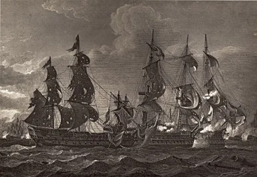 HMS Captain aan boord van de San Nicholas en de San Josef, illustratie uit 