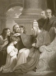 Prins Alfred voor Paus Leo III, gegraveerd door J. Stow, illustratie uit David Hume