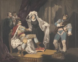 Theatrale figuren rond een troon