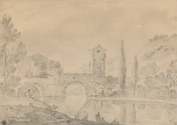 Italiaans Landschap met Drieboogbrug, Brughuis, Figuren op Nabije Oever en Populieren op Verre Oever