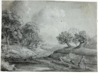 Landschap met vrouw en koeien