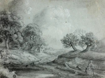 Landschap met vrouw en koeien (recto); schets van een landschap (verso)
