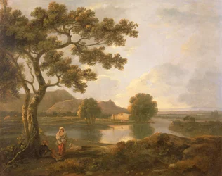 Rivierscène met een boerderij