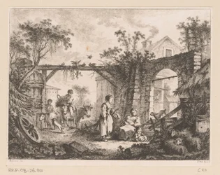 Gezicht op een binnenplaats met een doorkijk door een poort naar een huis