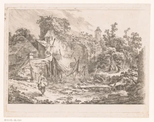 Landschap met hut en visnetten op staken