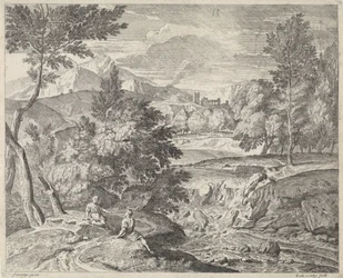 Arcadisch landschap met twee figuren bij een waterval