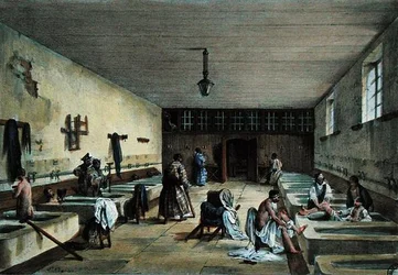 De Officiersbaden in het Militair Hospitaal van Bourbonne les Bains, midden 19e eeuw