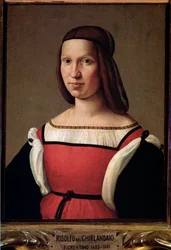 Portret van een dame uit de lagere klassen in een rode jurk met pofmouwen (Schilderij)