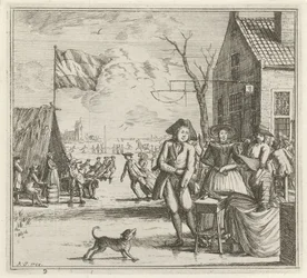 Winterlandschap met herberg en schaatsers