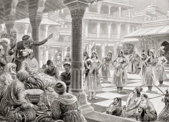 Akbar speelt pachisi of chaupur met levende stukken in Fatehpur Sikri in 1575, uit Hutchinson