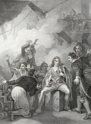 Graaf Sandwich weigert zijn schip te verlaten terwijl het in brand staat, in de Slag bij Sole Bay, gegraveerd door W. Byrne, illustratie uit David Hume