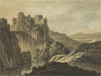 Een rivierlandschap met een kasteel op een steile helling, 1780