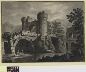 Architectonische fantasie van een verwoeste brug in een landschap