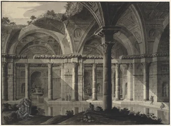 Architectonische fantasie van een antiek bad met verwoest dak en figuren
