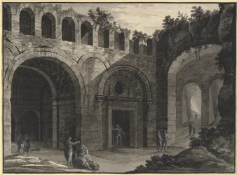 Architectonische fantasie van een binnenplaats van een antieke ruïne