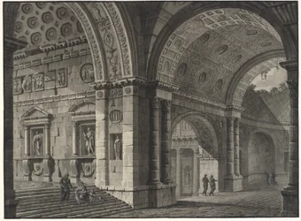 Architectonische fantasie van het interieur van een oud gebouw met gedeeltelijk verwoeste gewelven