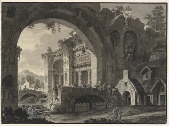 Architectonische fantasie met ruïnes van een antiek bad en huisjes