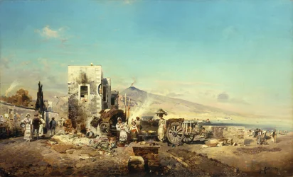 Een Napolitaans dorp met Vesuvius in de verte, 1889