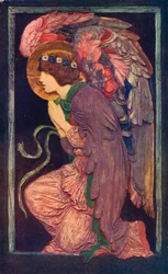 Een engel aanbiddend, een gekleurd gipsreliëf door Robert Anning Bell, ca. 1901