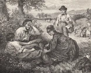 Landarbeiders rusten tijdens de oogst