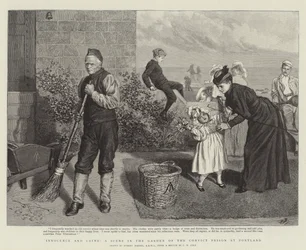 Onschuld en misdaad, een scène in de tuin van de gevangenis in Portland