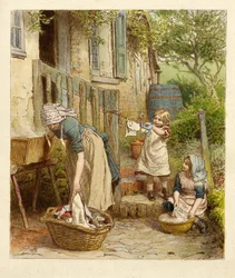 Moeder en kinderen hangen de was op, uitgegeven 1854