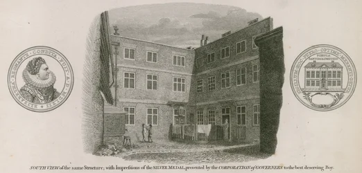 Zuidelijk aanzicht van de Vrije Grammar School van Koningin Elizabeth, St Saviour