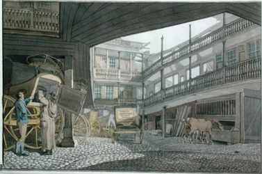 Uitzicht op de binnenplaats van de Spread Eagle, Gracechurch Street, met koetsen en paarden die gevoerd worden