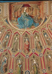 Heilige Maria, engelen en vrouwelijke heiligen, detail (Zijdeborduurwerk met goud- en zilverdraad, parels en glas)