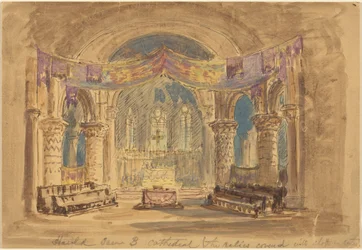 Harold Scène 3 Kathedraal (De relikwieën bedekt met doek in het midden) (pen en zwarte inkt met aquarel over grafiet op lichtbruin karton)