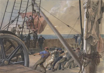Het uitbrengen van een van de grote boeien voor de lancering, 2 augustus 1865