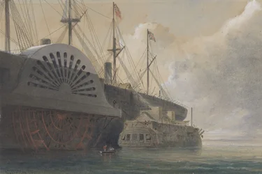 De oude fregat Iris met haar lading kabel naast de Great Eastern in Sheerness, 1865