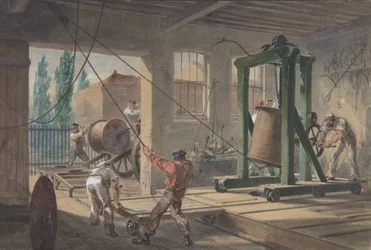 De spoelen van gutta-percha bedekte geleidingsdraad vervoerd in tanks bij de werken..., 1865-66